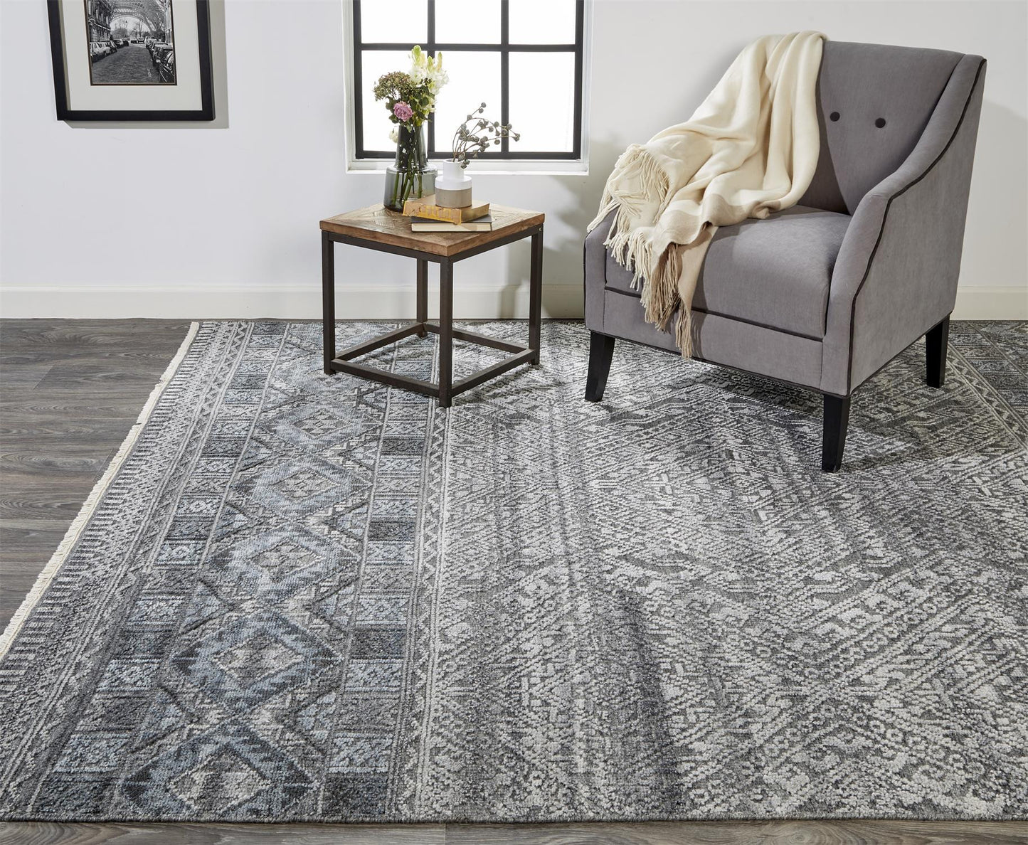 12 x 15 Gray Ivory & Blue Geometric Hand Knotted Rug