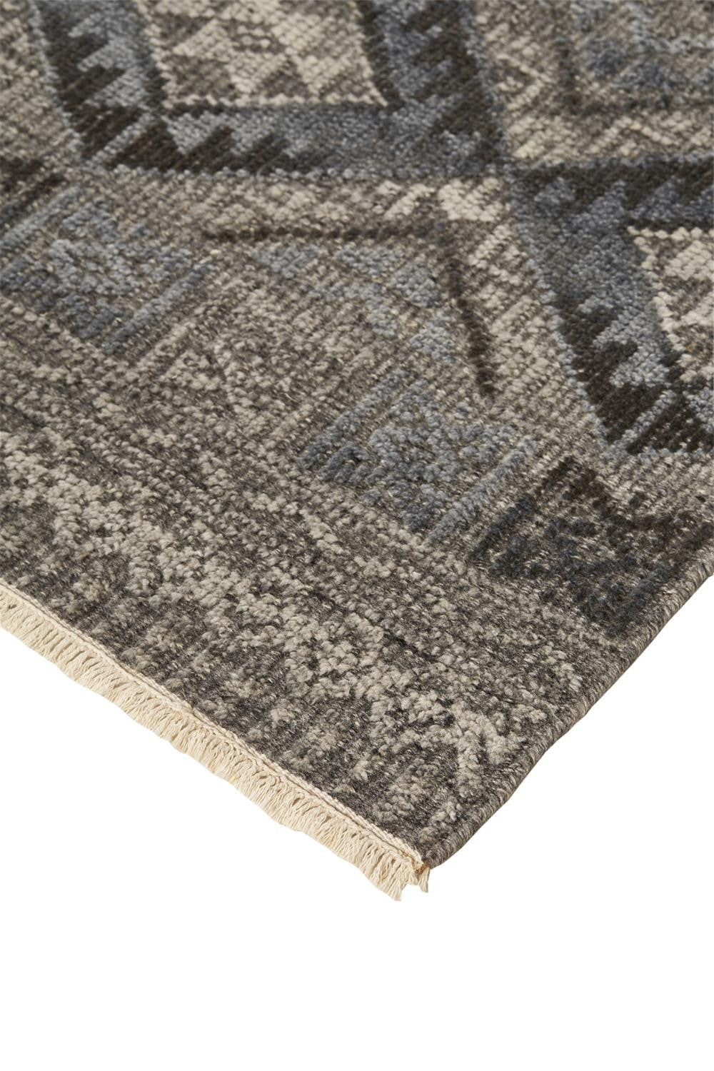 12 x 15 Gray Ivory & Blue Geometric Hand Knotted Rug