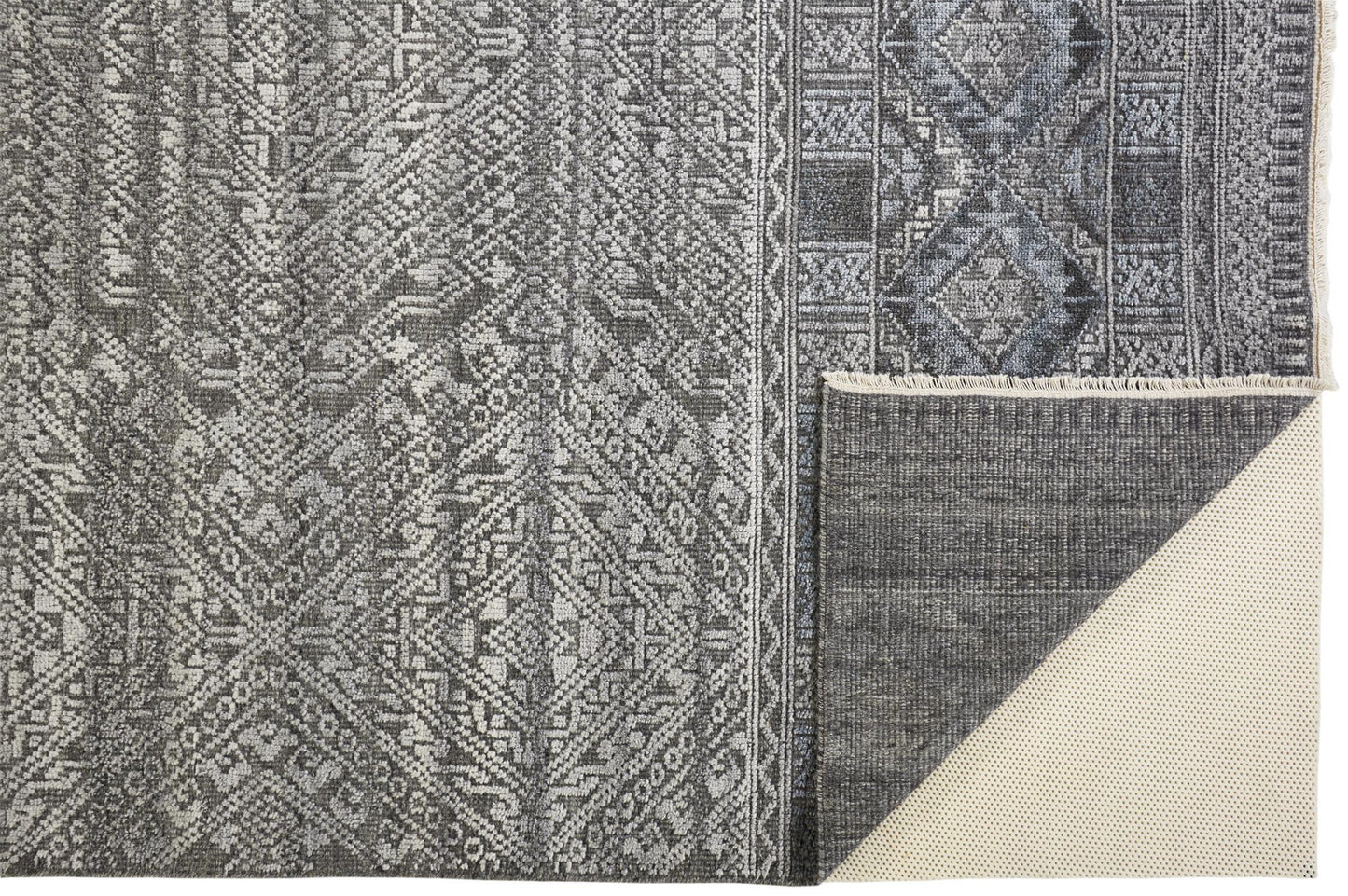 12 x 15 Gray Ivory & Blue Geometric Hand Knotted Rug