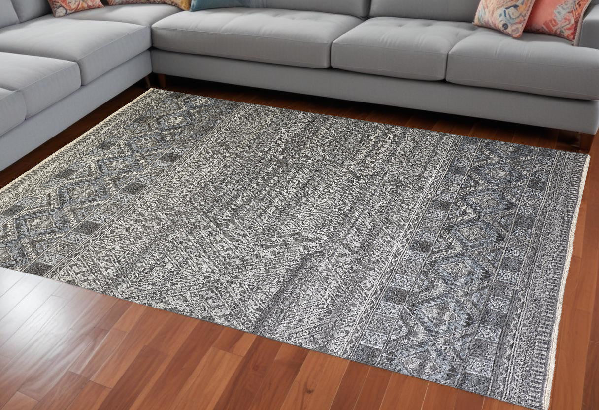12 x 15 Gray Ivory & Blue Geometric Hand Knotted Rug