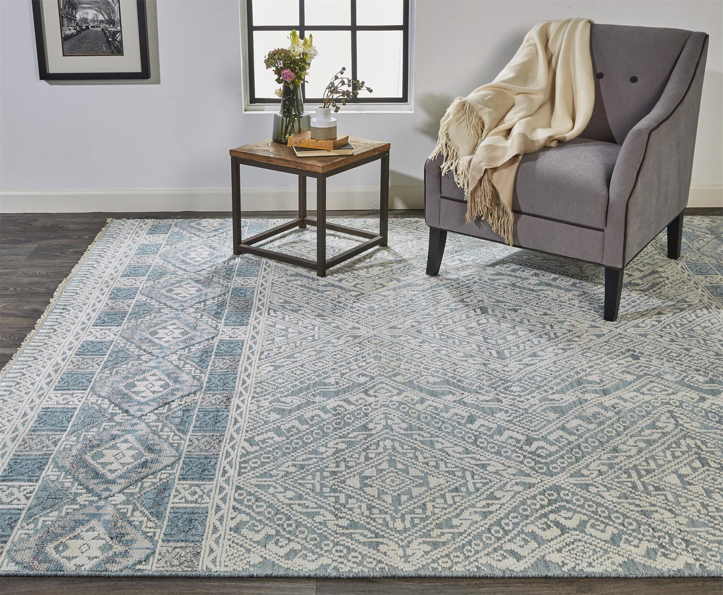 12 x 15 Ivory Blue & Gray Geometric Hand Knotted Rug