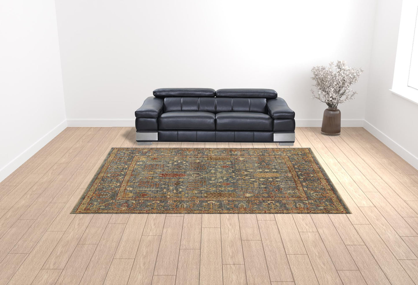 10 x 13 Gray Gold & Red Wool Floral Hand Knotted Stain Resistant Rug With Fringe