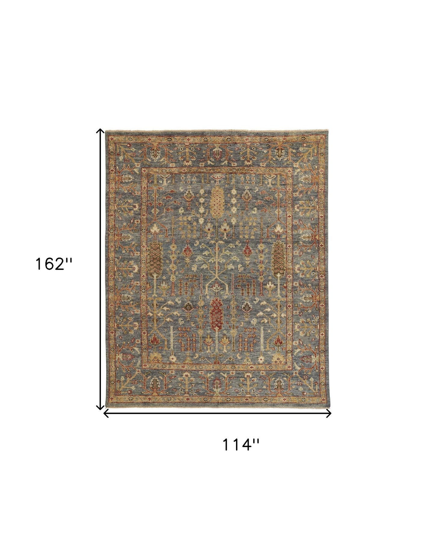 10 x 13 Gray Gold & Red Wool Floral Hand Knotted Stain Resistant Rug With Fringe