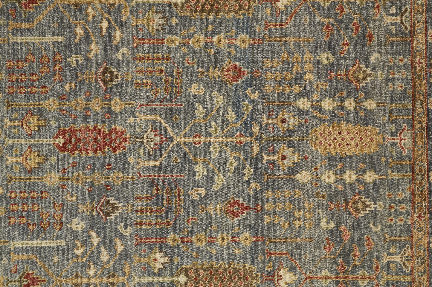 12 x 15 Gray Gold & Red Wool Floral Hand Knotted Stain Resistant Rug With Fringe