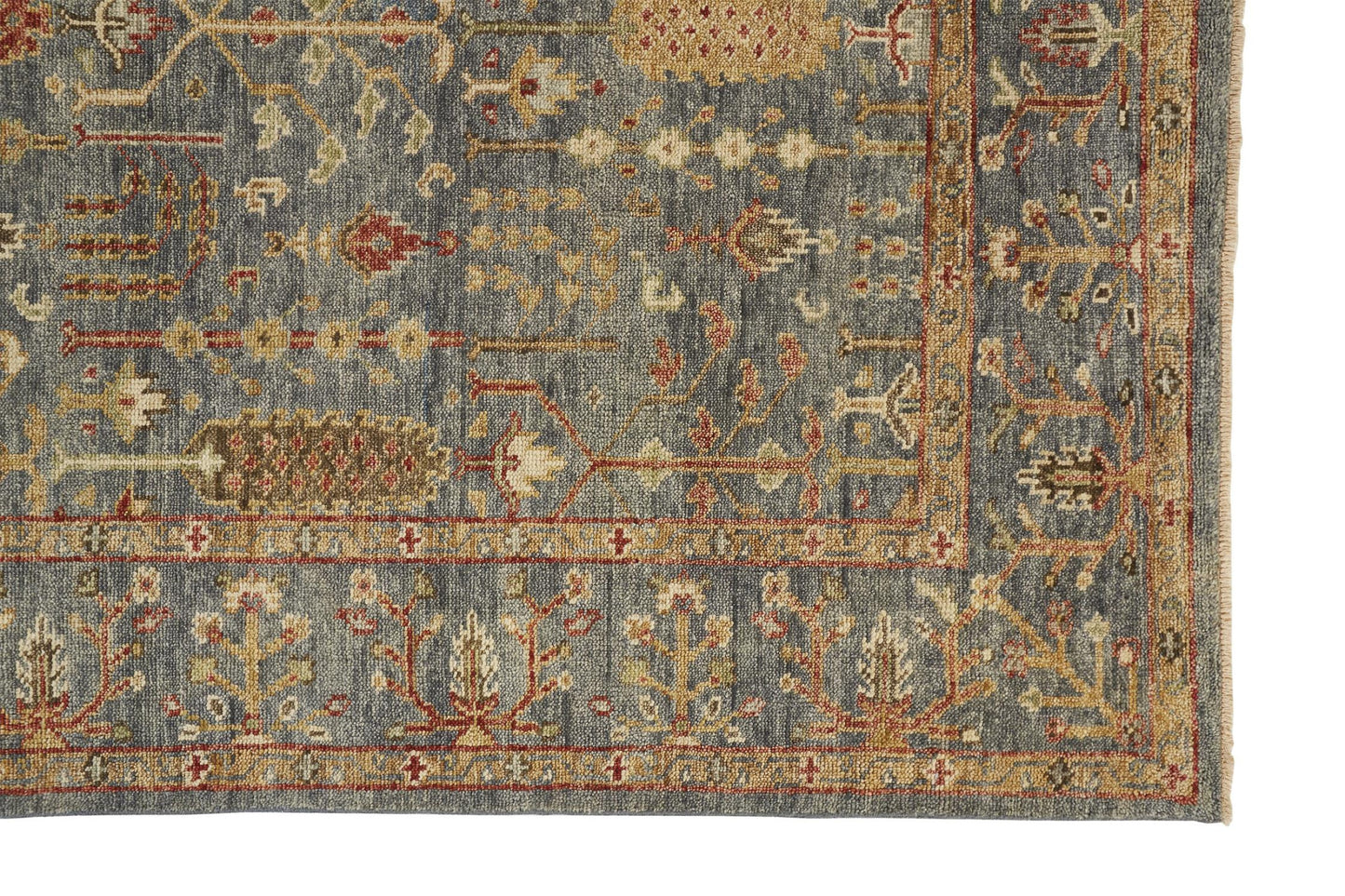12 x 15 Gray Gold & Red Wool Floral Hand Knotted Stain Resistant Rug With Fringe