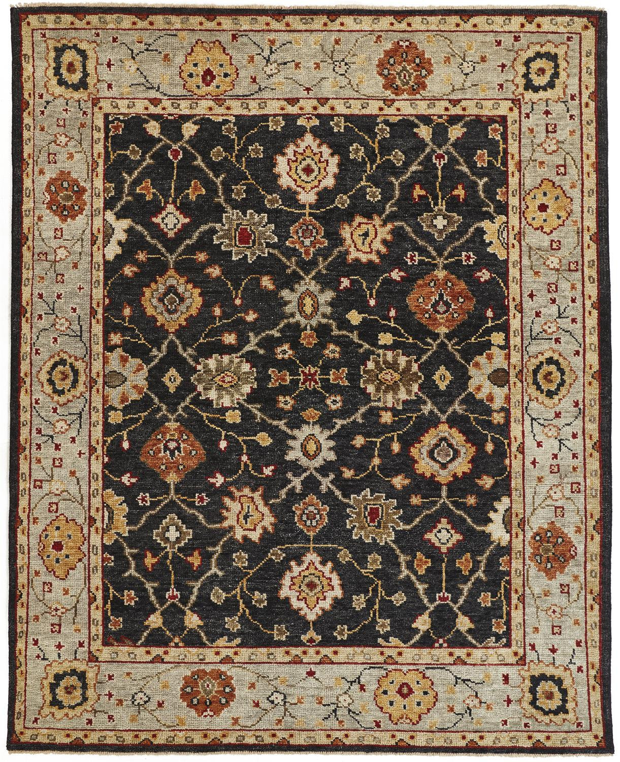 4 x 6 Black Gold & Gray Wool Floral Hand Knotted Stain Resistant Rug With Fringe