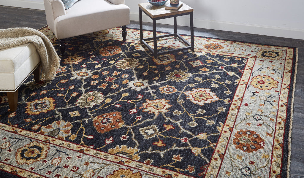 4 x 6 Black Gold & Gray Wool Floral Hand Knotted Stain Resistant Rug With Fringe