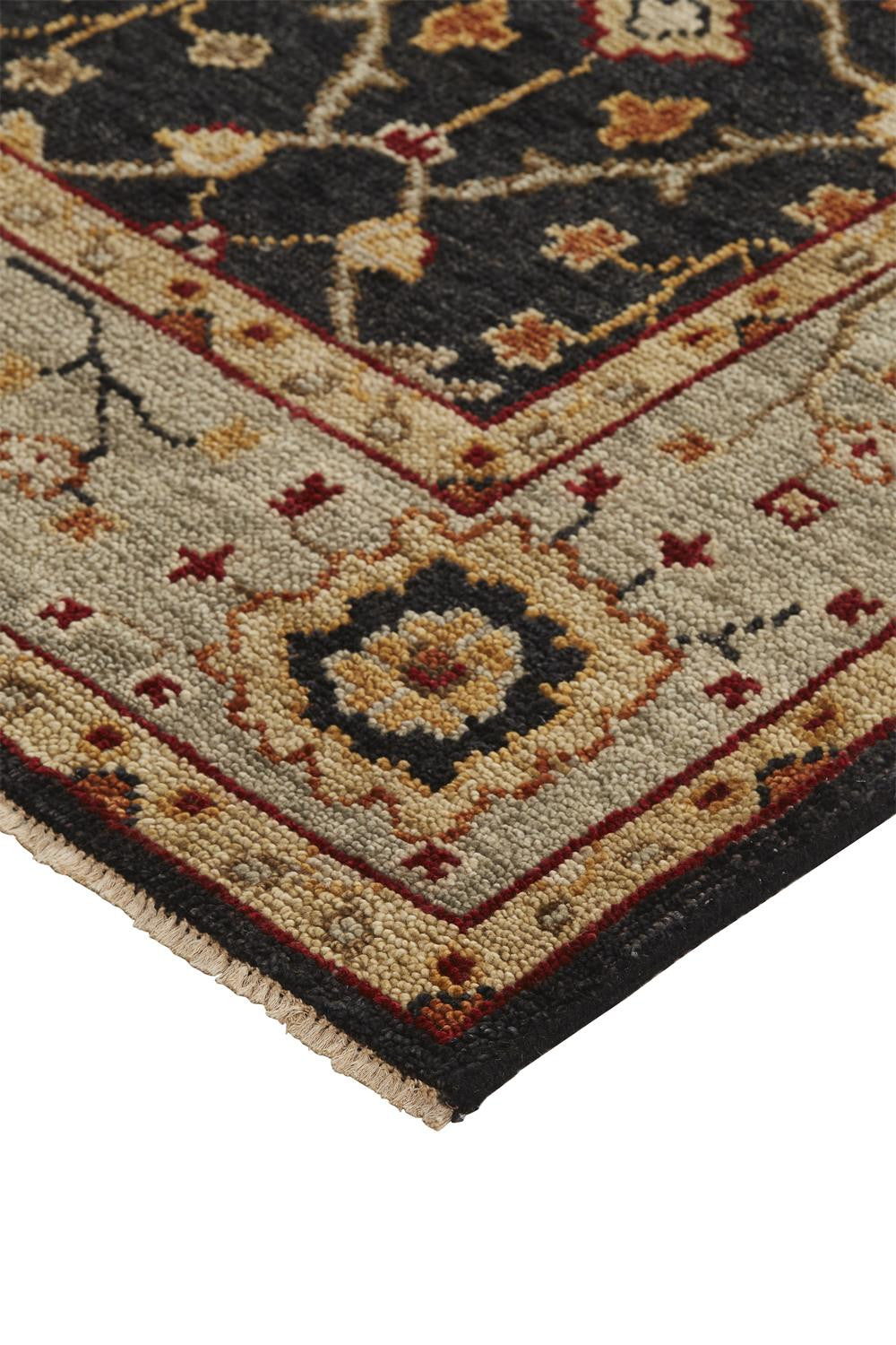 4 x 6 Black Gold & Gray Wool Floral Hand Knotted Stain Resistant Rug With Fringe