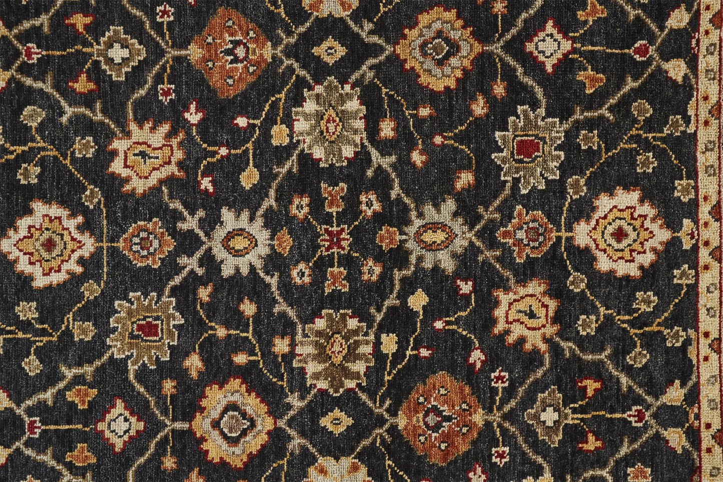 4 x 6 Black Gold & Gray Wool Floral Hand Knotted Stain Resistant Rug With Fringe
