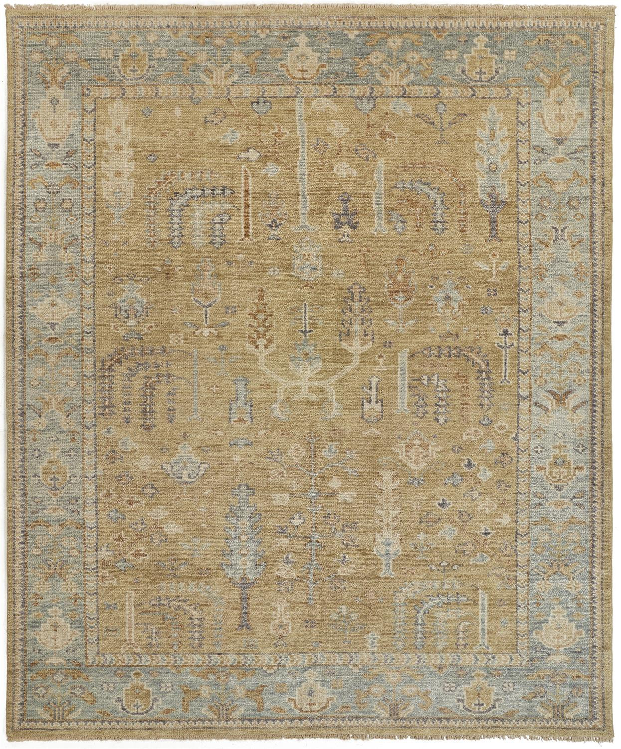 9 x 12 Gold Wool Floral Hand Knotted Stain Resistant Rug With Fringe