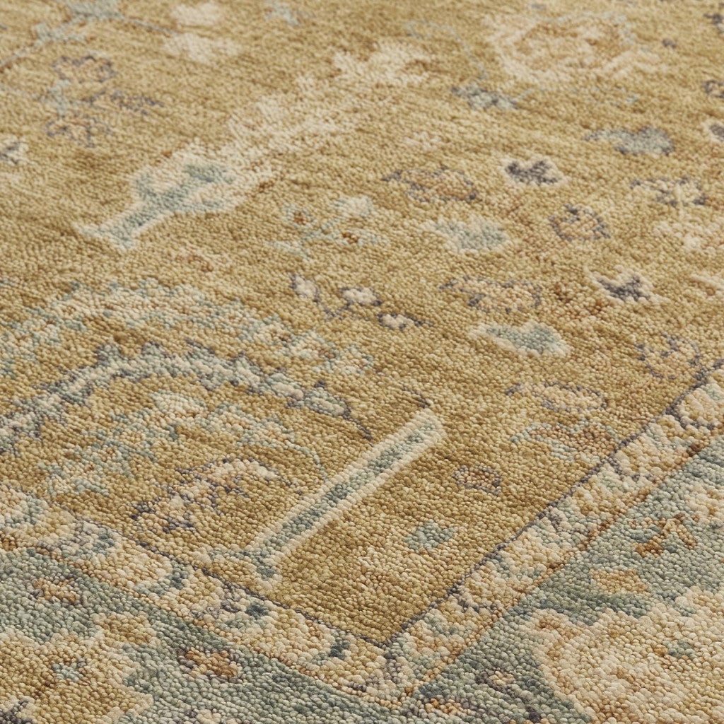 9 x 12 Gold Wool Floral Hand Knotted Stain Resistant Rug With Fringe