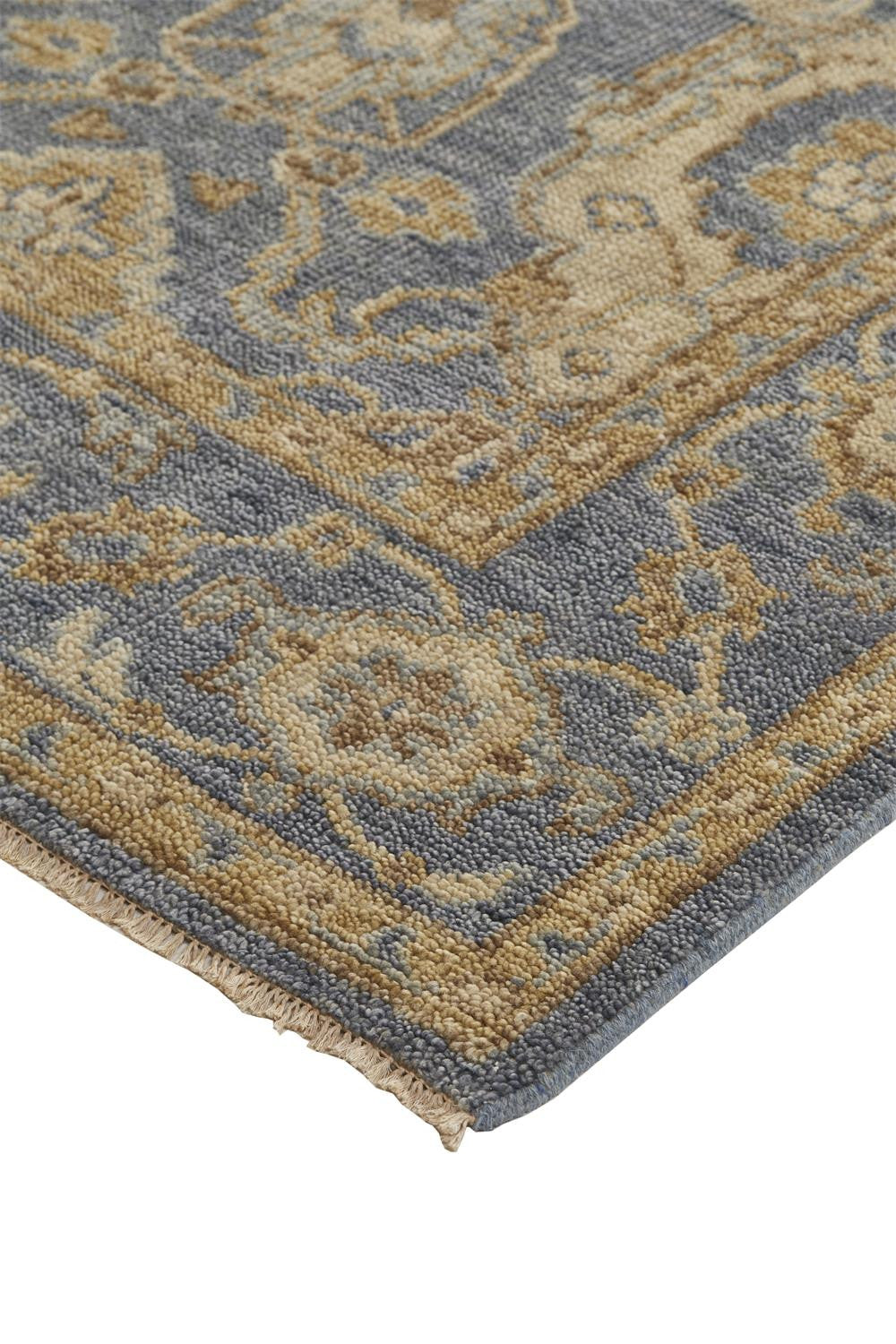 8 x 10 Blue Gold & Tan Wool Floral Hand Knotted Stain Resistant Rug With Fringe