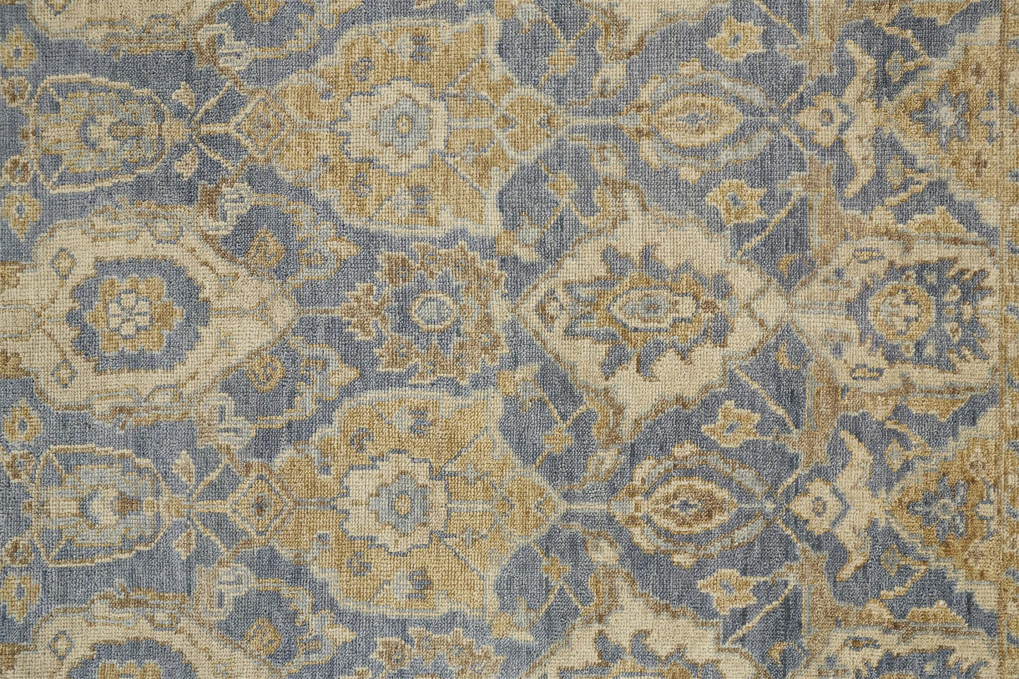 8 x 10 Blue Gold & Tan Wool Floral Hand Knotted Stain Resistant Rug With Fringe