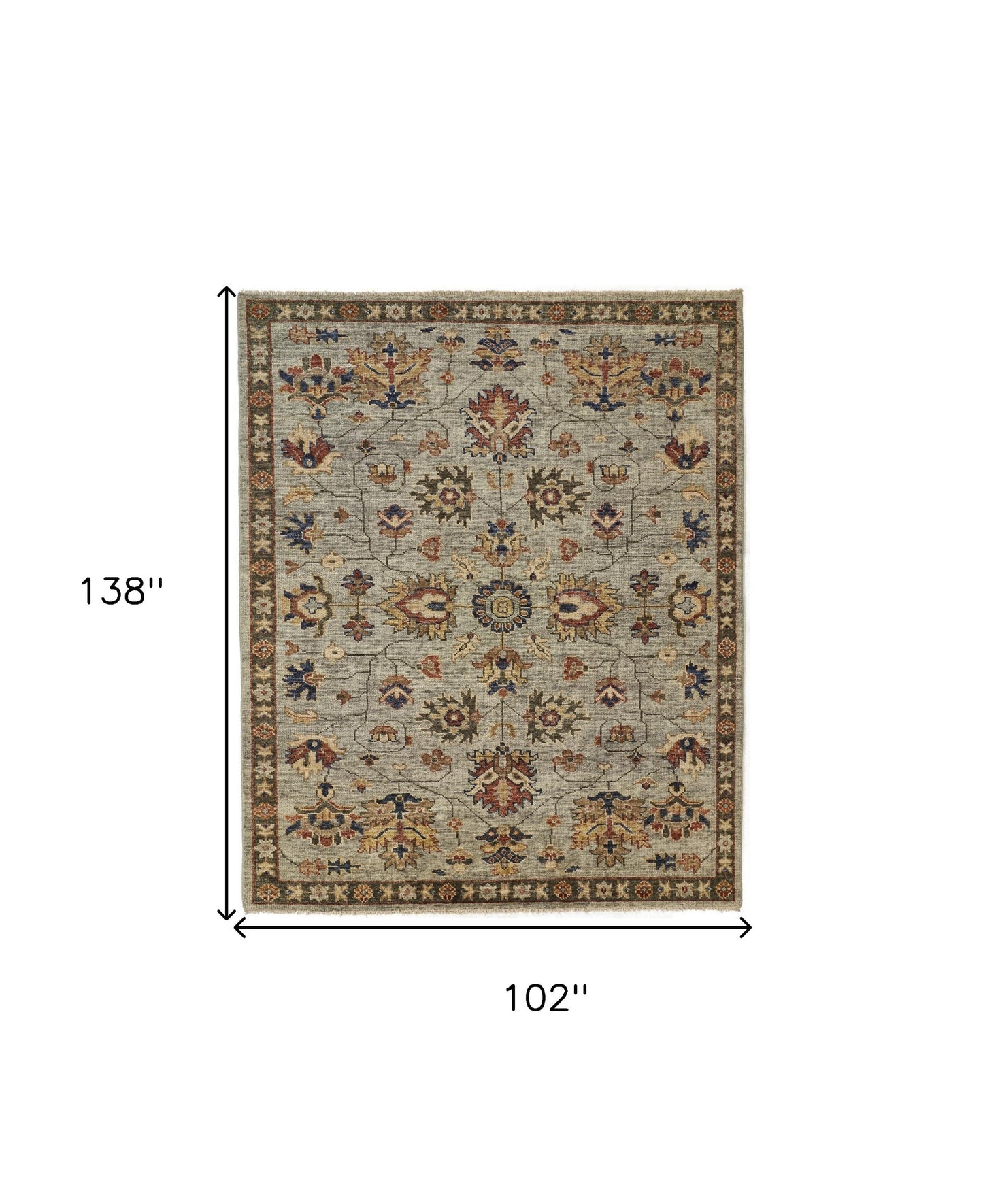 9 x 12 Gray Gold & Red Wool Floral Hand Knotted Stain Resistant Rug With Fringe