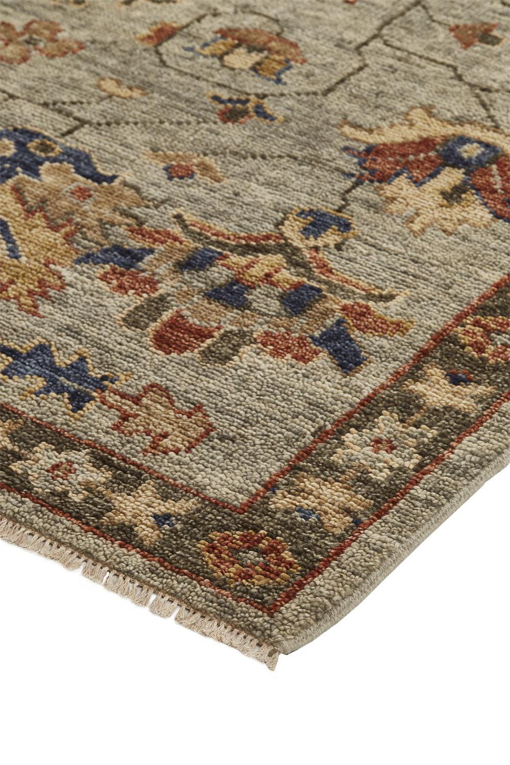 10 x 13 Gray Gold & Red Wool Floral Hand Knotted Stain Resistant Rug With Fringe