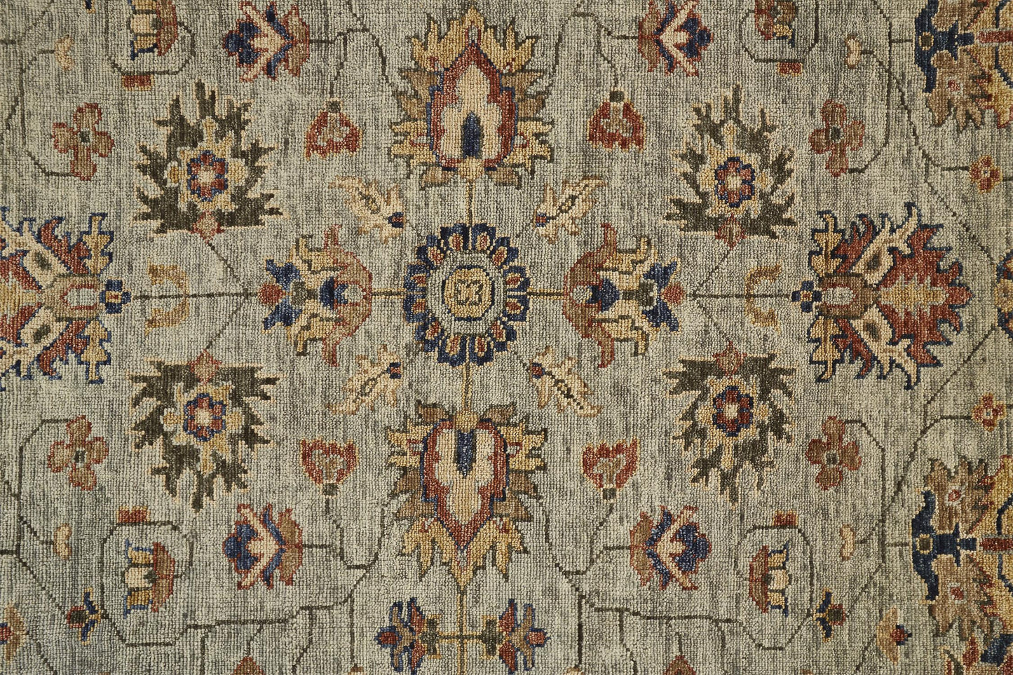 10 x 13 Gray Gold & Red Wool Floral Hand Knotted Stain Resistant Rug With Fringe