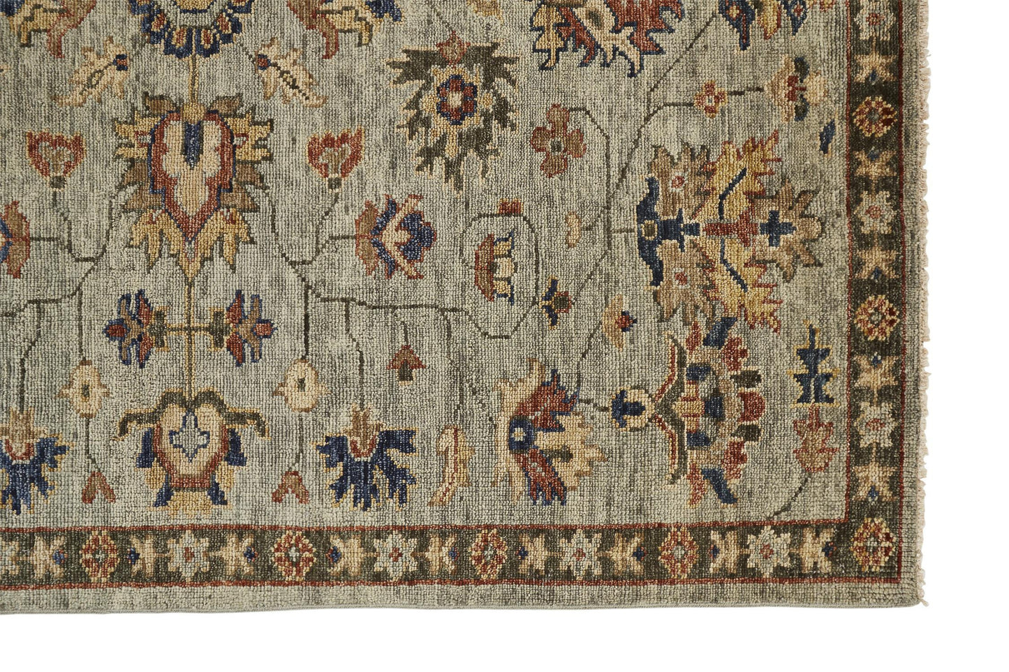 10 x 13 Gray Gold & Red Wool Floral Hand Knotted Stain Resistant Rug With Fringe