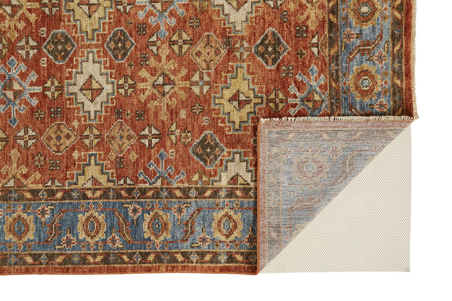 9 x 12 Red Blue & Orange Wool Floral Hand Knotted Stain Resistant Rug With Fringe