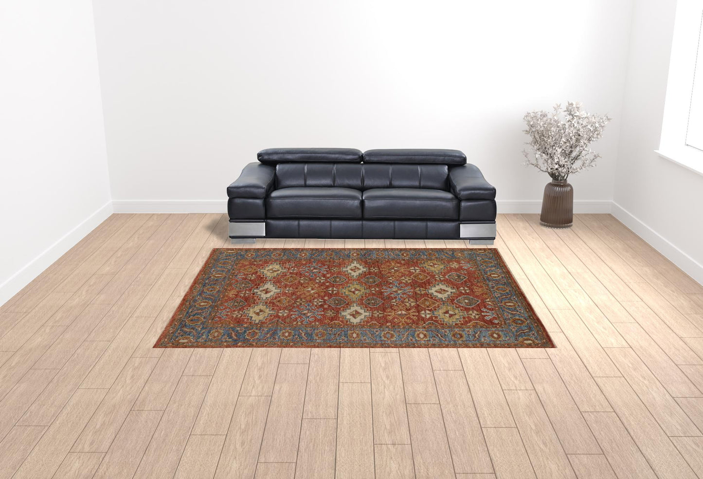 9 x 12 Red Blue & Orange Wool Floral Hand Knotted Stain Resistant Rug With Fringe