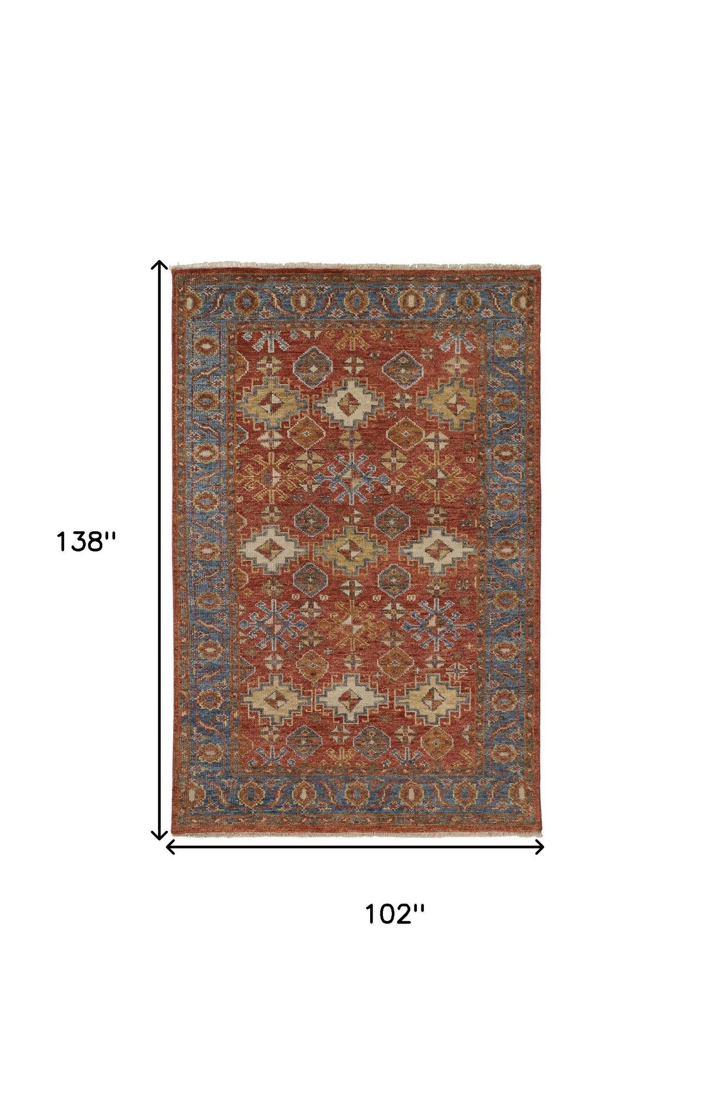 9 x 12 Red Blue & Orange Wool Floral Hand Knotted Stain Resistant Rug With Fringe