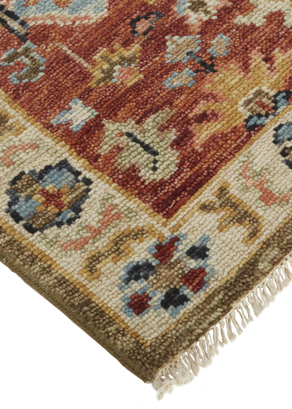 8 x 10 Ivory Red & Blue Wool Floral Hand Knotted Stain Resistant Rug