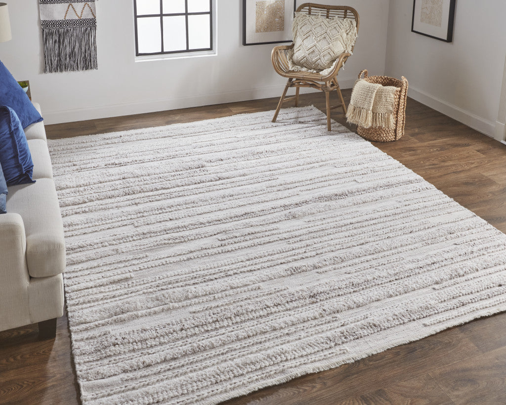 9 x 12 Ivory & Gray Striped Shag Hand Woven Rug