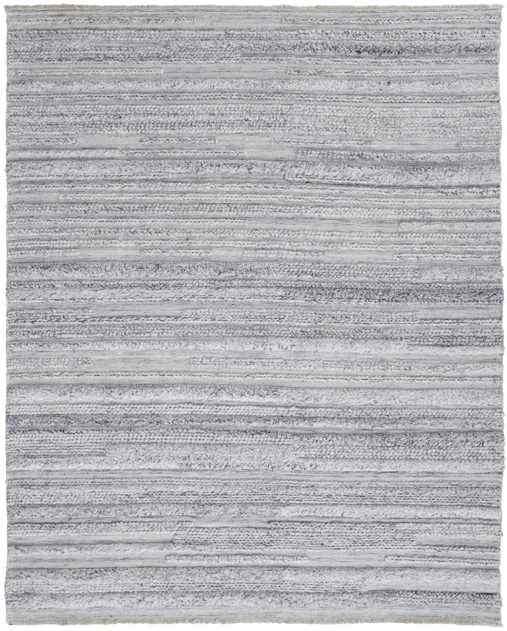 9 x 12 Gray Silver & Ivory Striped Hand Woven Stain Resistant Rug