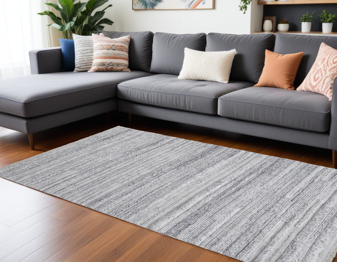 9 x 12 Gray Silver & Ivory Striped Hand Woven Stain Resistant Rug