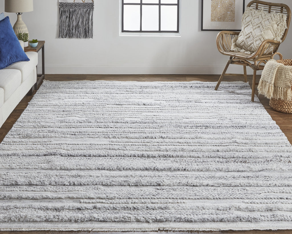 9 x 12 Gray Silver & Ivory Striped Hand Woven Stain Resistant Rug