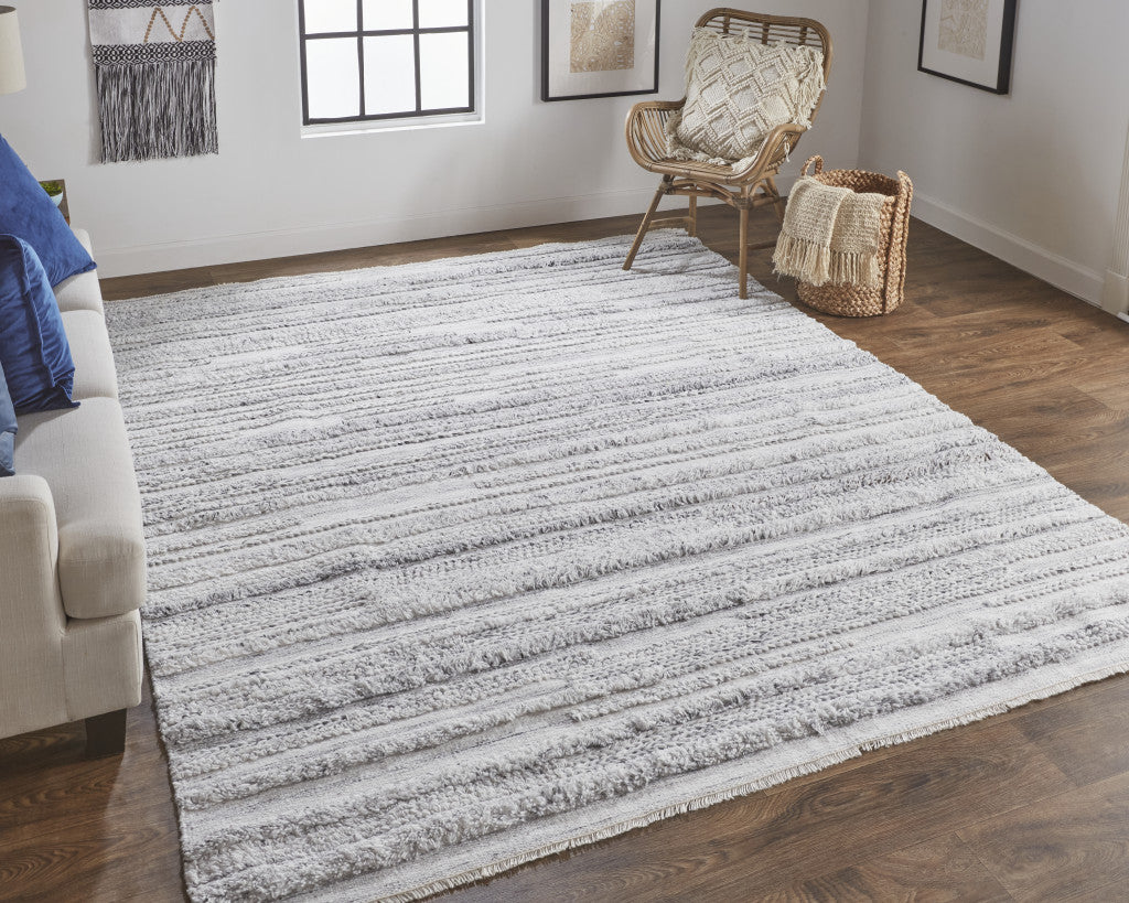 9 x 12 Gray Silver & Ivory Striped Hand Woven Stain Resistant Rug