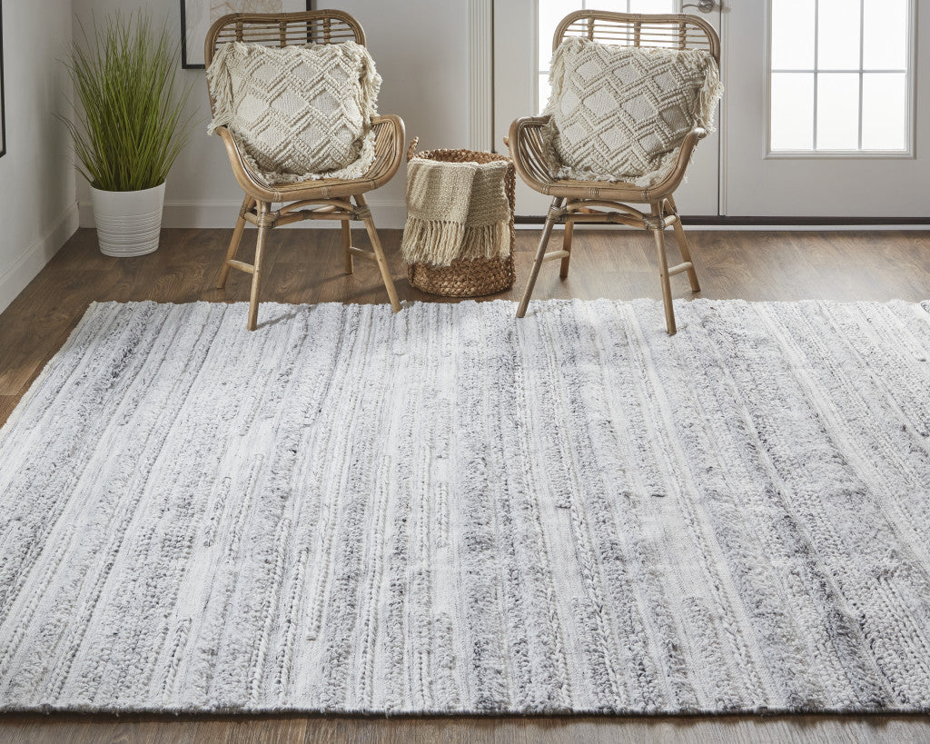 9 x 12 Gray Silver & Ivory Striped Hand Woven Stain Resistant Rug