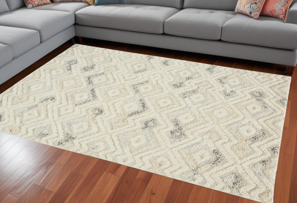 8 x 10 Gray & Ivory Wool Geometric Tufted Handmade Rug