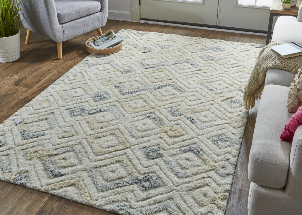 8 x 10 Gray & Ivory Wool Geometric Tufted Handmade Rug