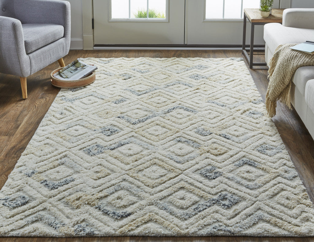 8 x 10 Gray & Ivory Wool Geometric Tufted Handmade Rug