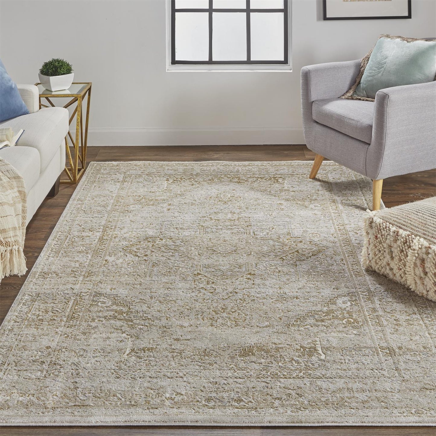 10 x 13 Ivory & Gold Floral Stain Resistant Rug