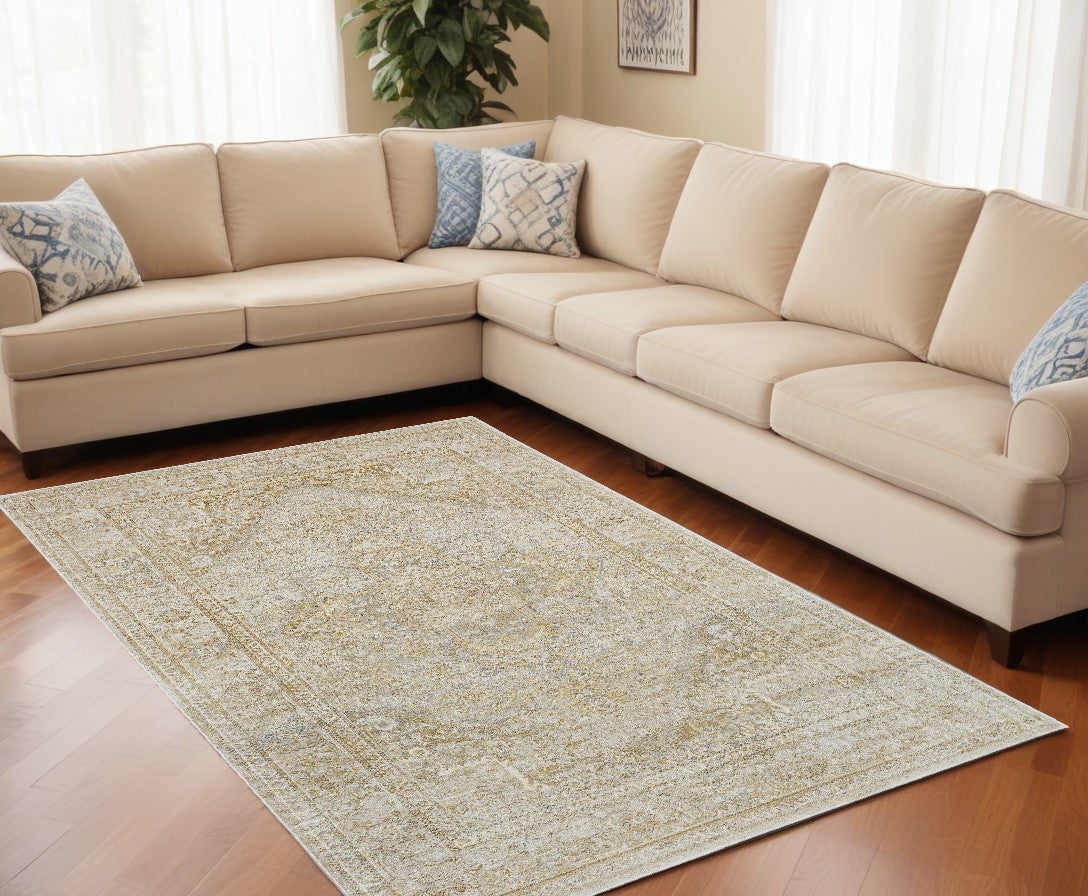 10 x 13 Ivory & Gold Floral Stain Resistant Rug