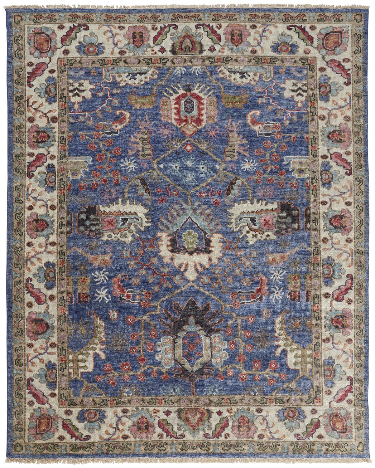 10 x 13 Blue & Red Wool Floral Hand Knotted Stain Resistant Rug