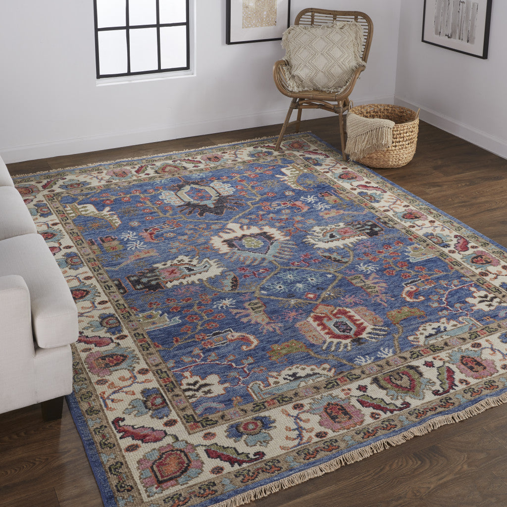 10 x 13 Blue & Red Wool Floral Hand Knotted Stain Resistant Rug