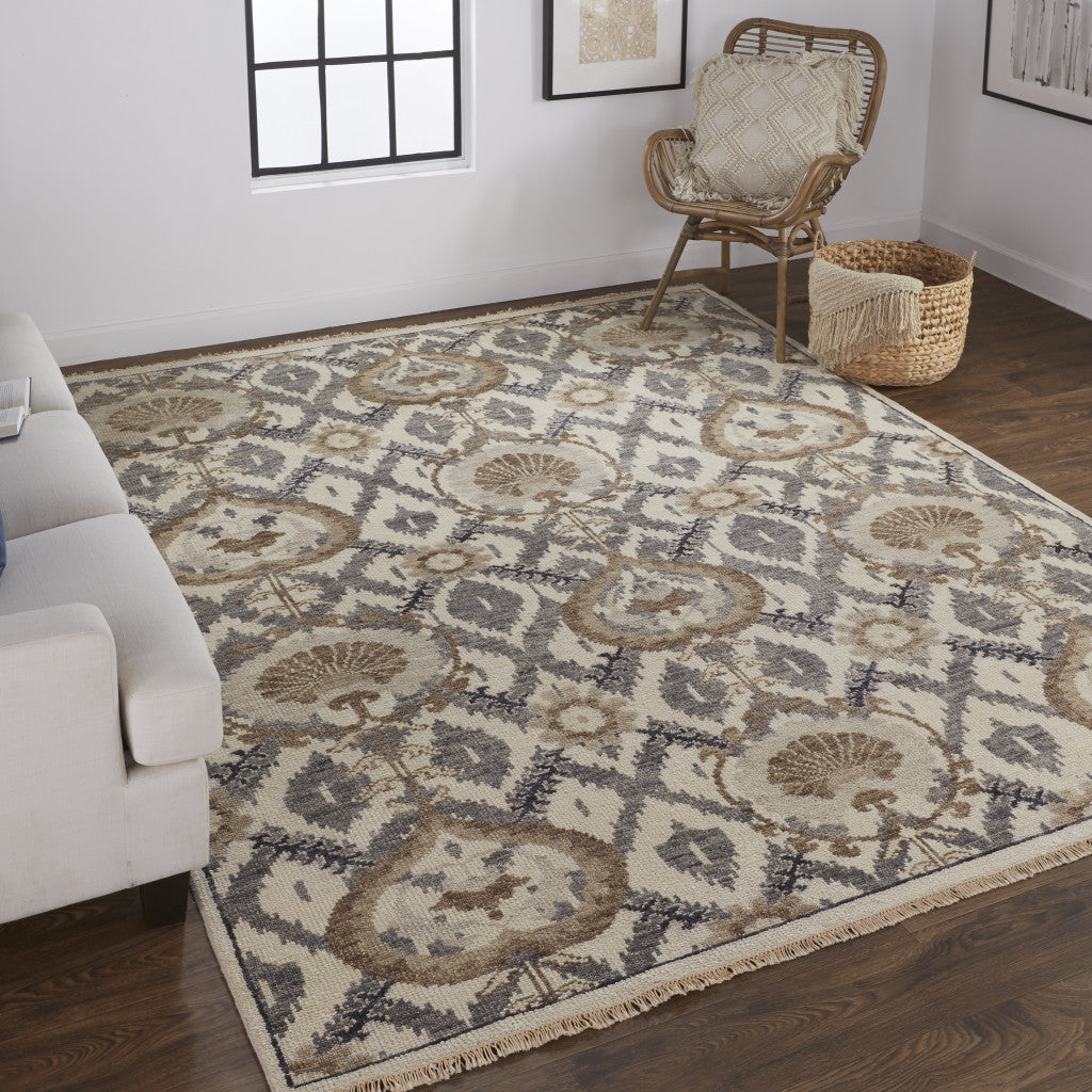 10 x 13 Ivory Gray & Taupe Wool Floral Hand Knotted Stain Resistant Rug