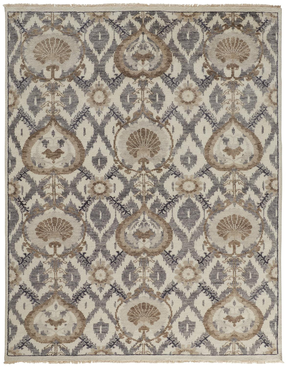 12 x 15 Ivory Gray & Taupe Wool Floral Hand Knotted Stain Resistant Rug