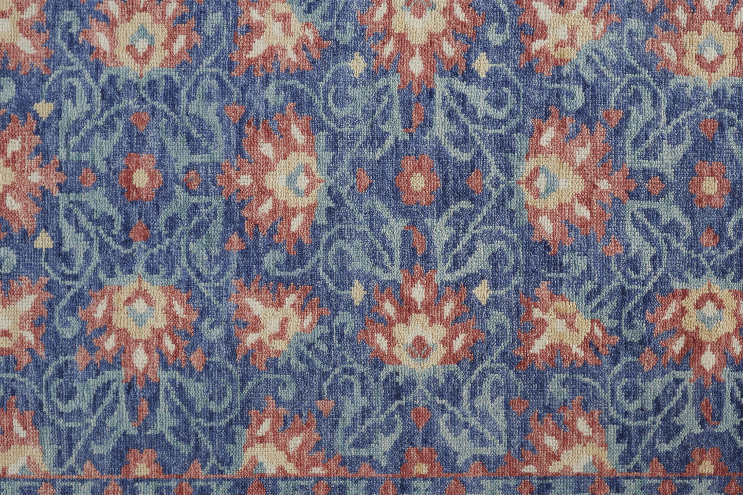 10 x 13 Blue & Red Wool Floral Hand Knotted Stain Resistant Rug