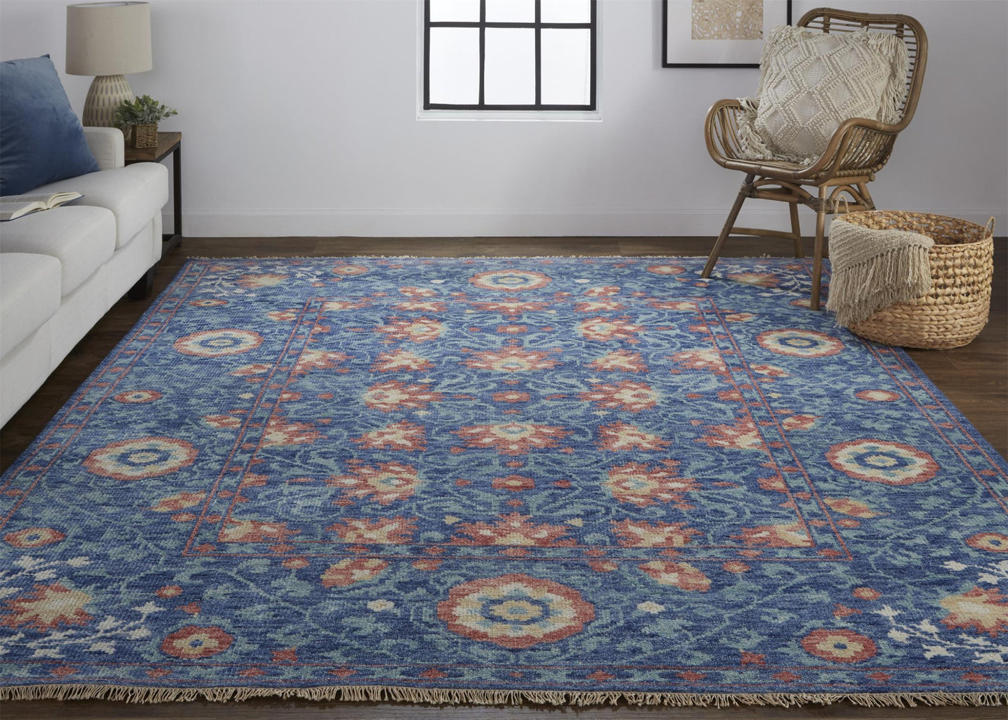 12 x 15 Blue & Red Wool Floral Hand Knotted Stain Resistant Rug