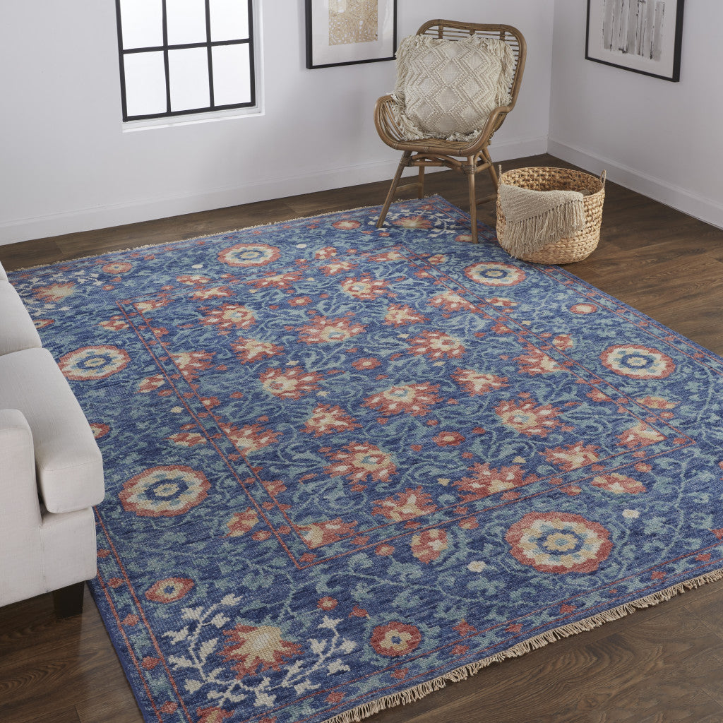 12 x 15 Blue & Red Wool Floral Hand Knotted Stain Resistant Rug