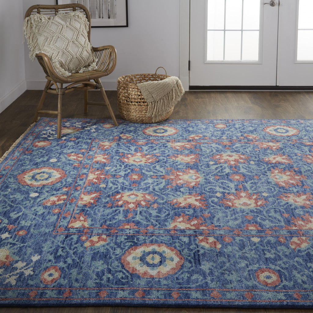 12 x 15 Blue & Red Wool Floral Hand Knotted Stain Resistant Rug