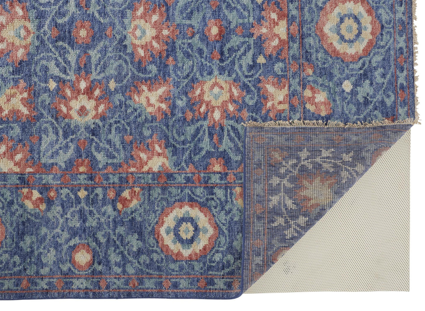 12 x 15 Blue & Red Wool Floral Hand Knotted Stain Resistant Rug