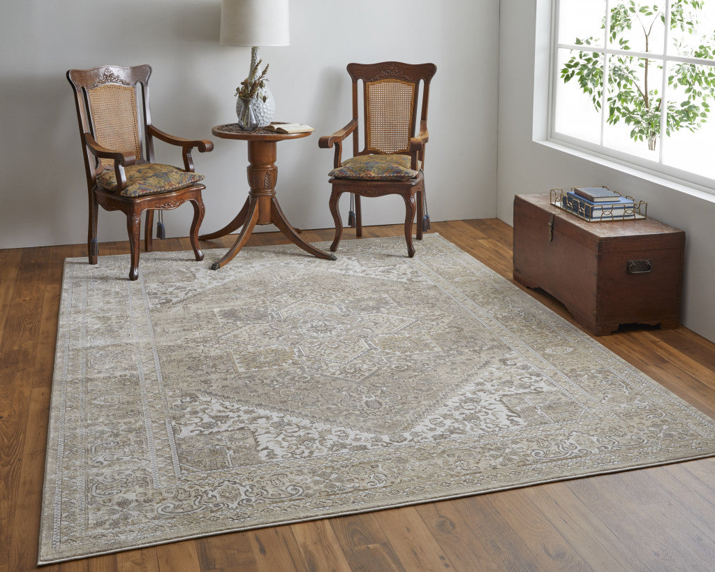 12 x 15 Brown Ivory & Tan Floral Power Loom Distressed Rug