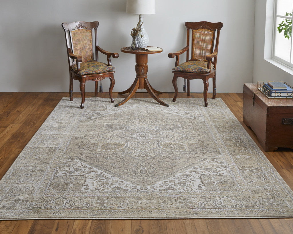 12 x 15 Brown Ivory & Tan Floral Power Loom Distressed Rug