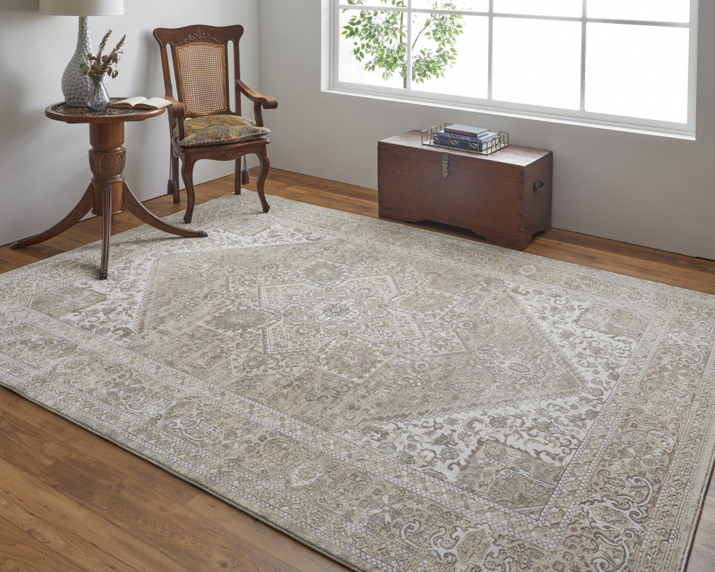 12 x 15 Brown Ivory & Tan Floral Power Loom Distressed Rug