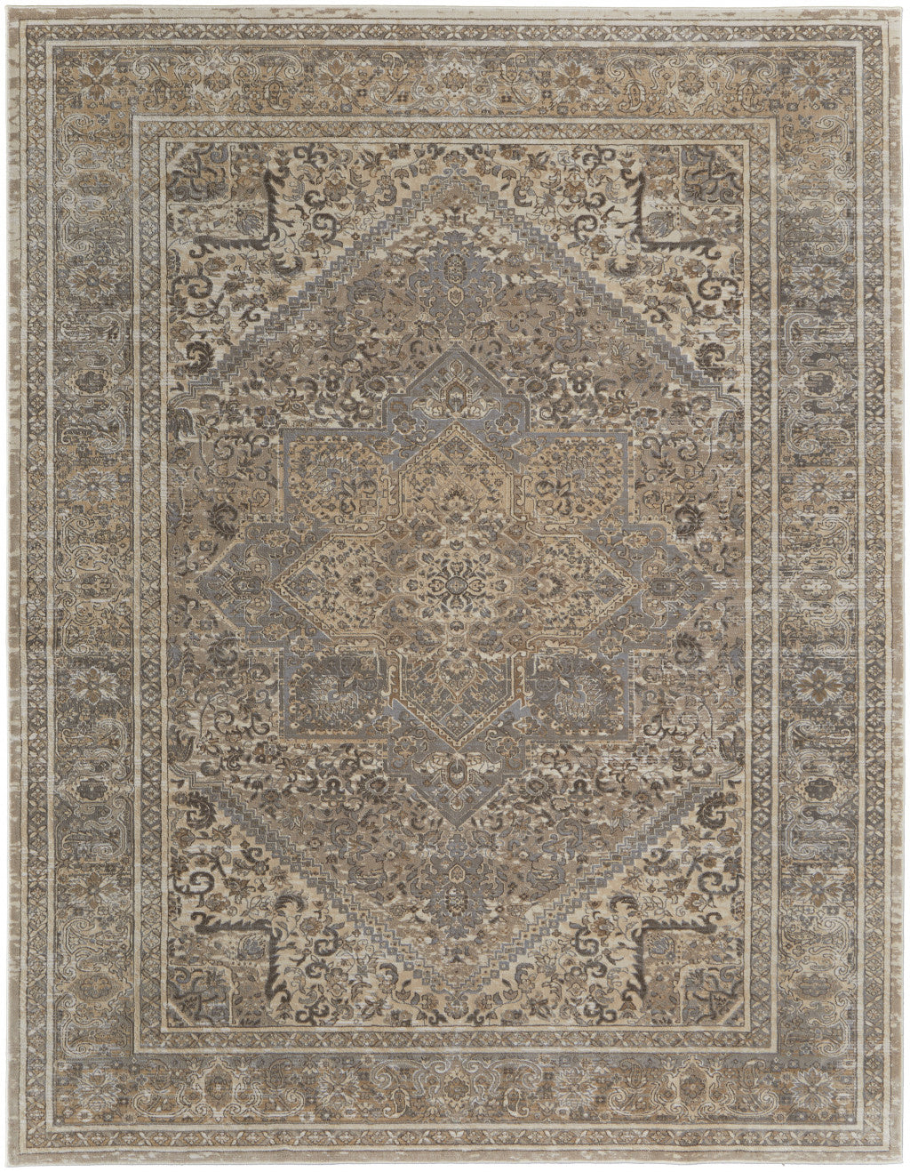 12 x 15 Tan Brown & Ivory Floral Power Loom Distressed Rug