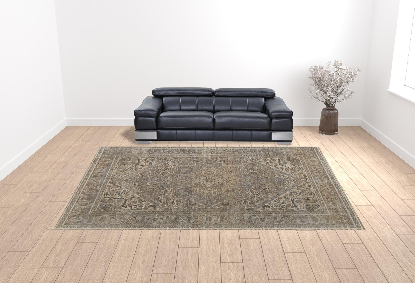 12 x 15 Tan Brown & Ivory Floral Power Loom Distressed Rug